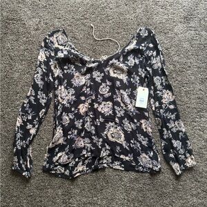 Billabong Black Pink Purple Floral Tie Back Long Sleeve Blouse Small NWT